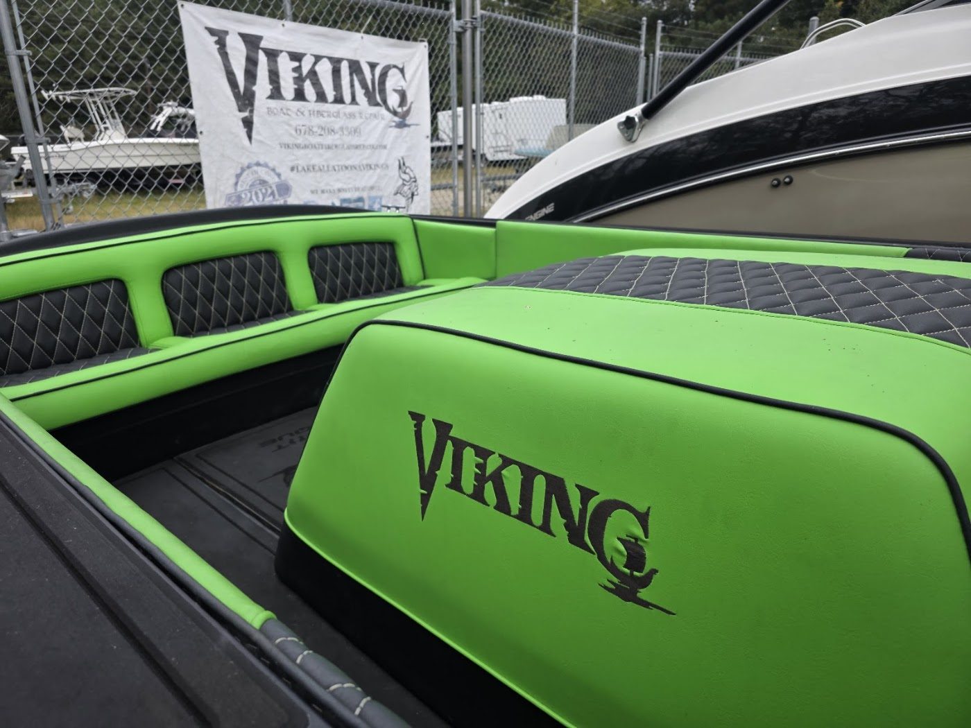 Boat with fresh green gel coat in the Viking shop