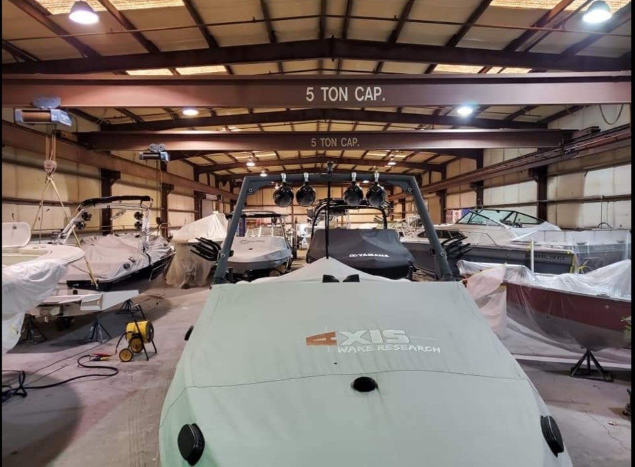 Boats inside the Viking repair shop